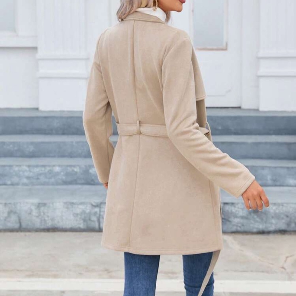 Chic Beige Belted Zip Coat Dress | Structured Minimalist | Size L - Picture 5 of 5